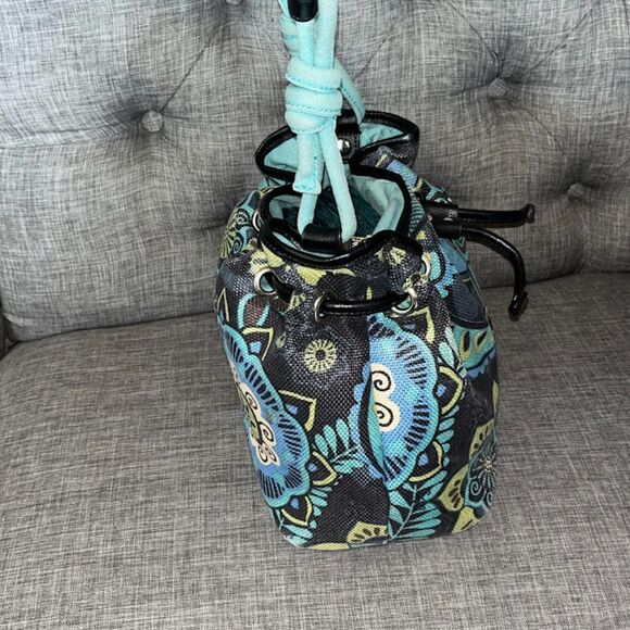 Spartina 449 Mod Black Blue Green Retro Flower Pattern Bucket Bag - Picture 4 of 9